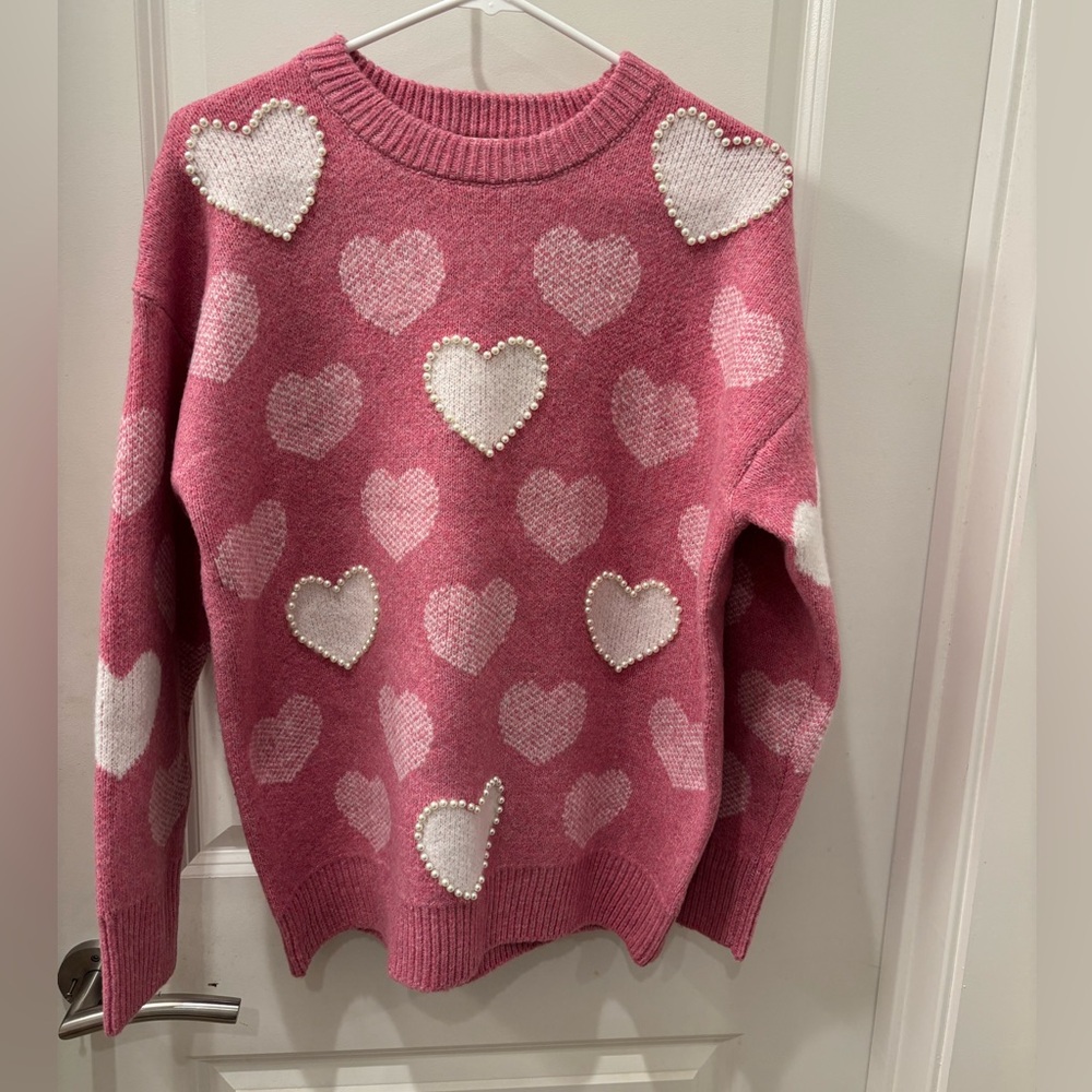 NWT Pink Rose Embellished Heart Patterned Sweater - L
